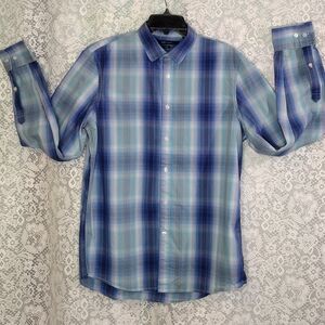 Perry Ellis size L slim fit cotton button down blue, teal plaid dress shirt